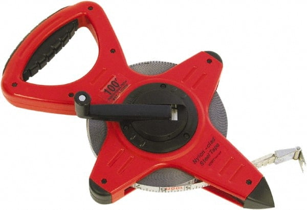 CST/berger - 100' x 1/2" White Fiberglass Blade Tape Measure - 1/8" Graduation, Red/Black Steel Case - Exact Tooling