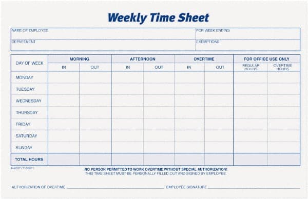 TOPS - 8-1/2" High x 5-1/2" Wide Weekly Time Sheets - Purple, White, Use with Manual Entries - Exact Tooling
