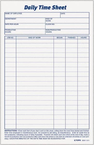 TOPS - 5-1/2" High x 8-1/2" Wide Daily Time & Job Sheets - Gray, White, Use with Manual Entries - Exact Tooling