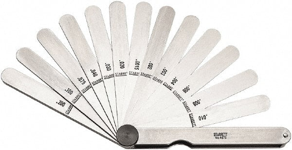 Starrett - Feeler Gage Sets; Maximum Thickness (Decimal Inch): 0.0015 ; Minimum Thickness (Decimal Inch): 0.2000 ; Number of Leaves: 13 ; Material: Stainless Steel ; Leaf Length (Inch): 4-1/2 ; Width (Inch): 1/2 - Exact Tooling