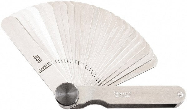 Starrett - Feeler Gage Sets; Maximum Thickness (Decimal Inch): 0.0015 ; Minimum Thickness (Decimal Inch): 0.0350 ; Number of Leaves: 31 ; Material: Stainless Steel ; Leaf Length (Inch): 3-1/32 ; Width (Inch): 1/2 - Exact Tooling