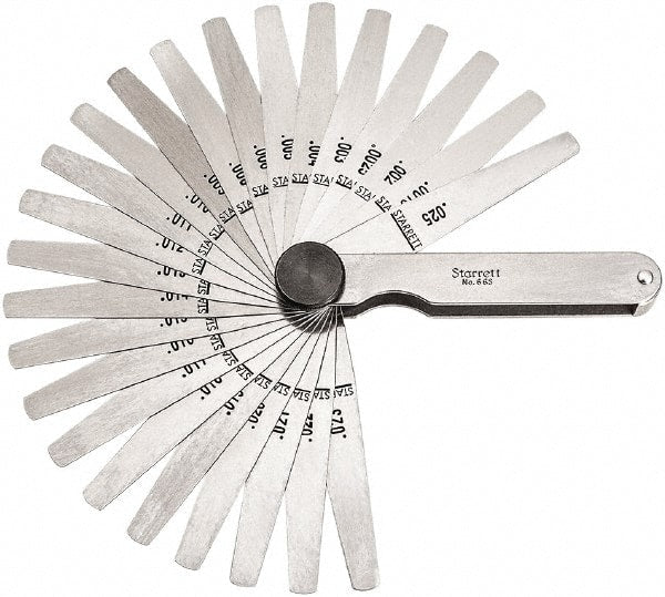 Starrett - Feeler Gage Sets; Maximum Thickness (Decimal Inch): 0.0015 ; Minimum Thickness (Decimal Inch): 0.0250 ; Number of Leaves: 26 ; Material: Stainless Steel ; Leaf Length (Inch): 3-1/32 ; Width (Inch): 1/2 - Exact Tooling
