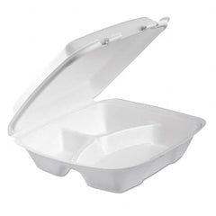 DART - Foam Hinged Lid Container, 3-Comp, 9 x 9 2/5 x 3, White, 100/Bag, 2 Bag/Carton - Exact Tooling
