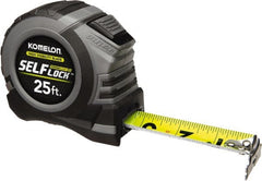 Komelon - 25' x 1-1/16" Yellow Steel Blade Tape Measure - 1/4, 1/8 & 1/16" Graduation, Blue/Gray ABS Plastic Case - Exact Tooling