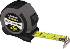 Komelon - 25' x 1-1/16" Yellow Steel Blade Tape Measure - 1/4, 1/8 & 1/16" Graduation, Blue/Gray ABS Plastic Case - Exact Tooling