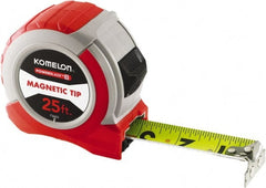 Komelon - 25' x 1-1/16" Yellow Steel Blade Tape Measure - 1/4, 1/8 & 1/16" Graduation, Red ABS Plastic Case - Exact Tooling