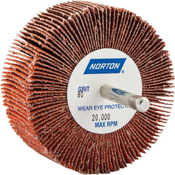 Norton - 3" Diam x 1" Face Width, Ceramic Alumina Coated Mounted Flap Wheel - 1/4" Shank Mount, 80 Grit, Cloth Backing, 20,000 Max RPM - Exact Tooling