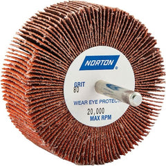 Norton - 3" Diam x 1" Face Width, Ceramic Alumina Coated Mounted Flap Wheel - 1/4" Shank Mount, 80 Grit, Cloth Backing, 20,000 Max RPM - Exact Tooling