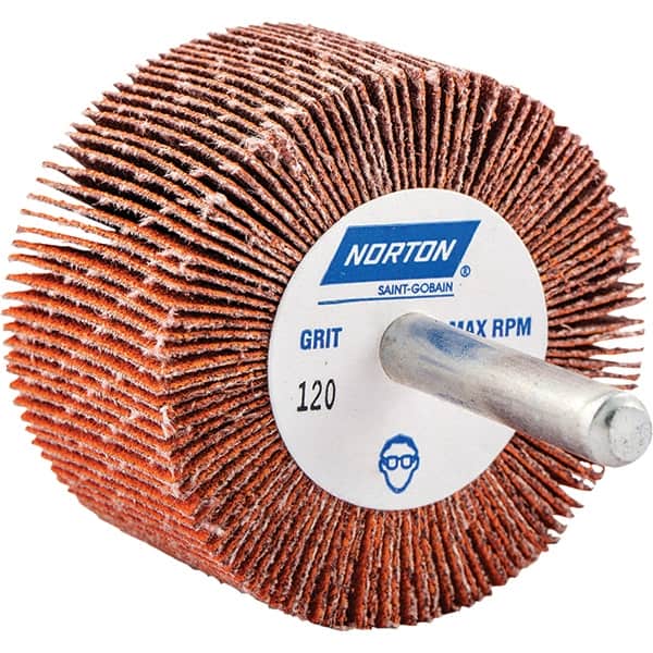 Norton - 2" Diam x 1" Face Width, Ceramic Alumina Coated Mounted Flap Wheel - 1/4" Shank Mount, 120 Grit, Cloth Backing, 25,000 Max RPM - Exact Tooling