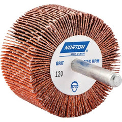 Norton - 2" Diam x 1" Face Width, Ceramic Alumina Coated Mounted Flap Wheel - 1/4" Shank Mount, 120 Grit, Cloth Backing, 25,000 Max RPM - Exact Tooling
