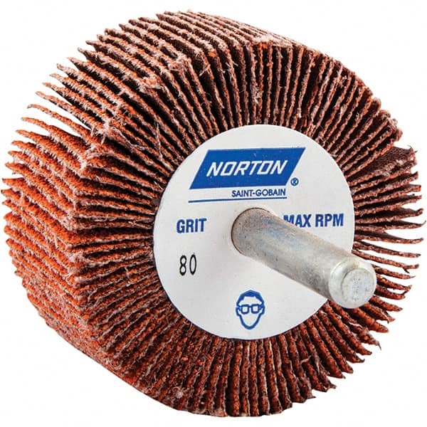 Norton - 2" Diam x 1" Face Width, Ceramic Alumina Coated Mounted Flap Wheel - 1/4" Shank Mount, 80 Grit, Cloth Backing, 25,000 Max RPM - Exact Tooling