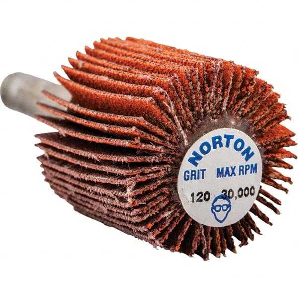 Norton - 1" Diam x 1" Face Width, Ceramic Alumina Coated Mounted Flap Wheel - 1/4" Shank Mount, 120 Grit, Cloth Backing, 30,000 Max RPM - Exact Tooling