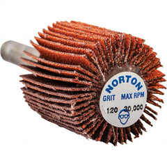 Norton - 1" Diam x 1" Face Width, Ceramic Alumina Coated Mounted Flap Wheel - 1/4" Shank Mount, 120 Grit, Cloth Backing, 30,000 Max RPM - Exact Tooling