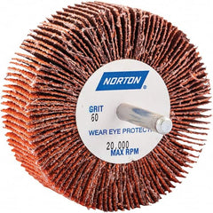 Norton - 3" Diam x 1" Face Width, Ceramic Alumina Coated Mounted Flap Wheel - 1/4" Shank Mount, 60 Grit, Cloth Backing, 20,000 Max RPM - Exact Tooling