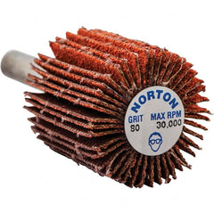 Norton - 1" Diam x 1" Face Width, Ceramic Alumina Coated Mounted Flap Wheel - 1/4" Shank Mount, 80 Grit, Cloth Backing, 30,000 Max RPM - Exact Tooling