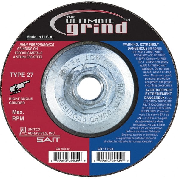 Sait - 5" Wheel Diam, 1/4" Wheel Thickness, Type 27 Depressed Center Wheel - Coarse Grade, Zirconia Alumina, 12,200 Max RPM - Exact Tooling