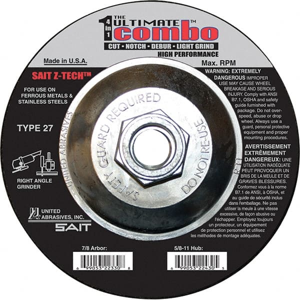 Sait - 6" Wheel Diam, Type 27 Depressed Center Wheel - Coarse Grade, Zirconia Alumina, 10,200 Max RPM - Exact Tooling