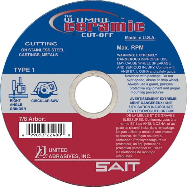 Sait - 4-1/2" 60 Grit Ceramic Cutoff Wheel - 0.045" Thick, 7/8" Arbor, 13,300 Max RPM, Use with Angle Grinders - Exact Tooling