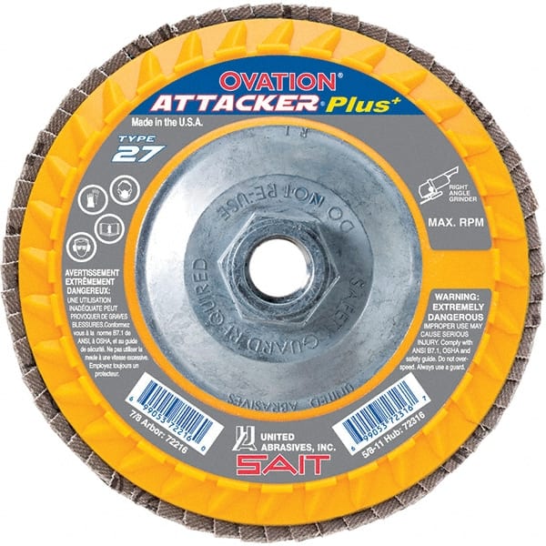 Sait - 80 Grit, 4-1/2" Disc Diam, 5/8-11 Center Hole, Type 27 Zirconia Alumina Flap Disc - 13,300 Max RPM, Plastic Backing, Arbor Attaching System, Coated - Exact Tooling