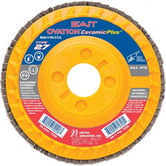 Sait - 36 Grit, 4-1/2" Disc Diam, 7/8" Center Hole, Type 27 Ceramic Flap Disc - 13,300 Max RPM, Plastic Backing, Arbor Attaching System, Coated - Exact Tooling