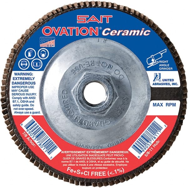 Sait - 80 Grit, 4-1/2" Disc Diam, 5/8-11 Center Hole, Type 27 Ceramic Flap Disc - 13,300 Max RPM, Plastic Backing, Arbor Attaching System, Coated - Exact Tooling