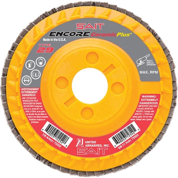 Sait - 80 Grit, 4-1/2" Disc Diam, 7/8" Center Hole, Type 29 Ceramic Flap Disc - 13,300 Max RPM, Plastic Backing, Arbor Attaching System, Coated - Exact Tooling
