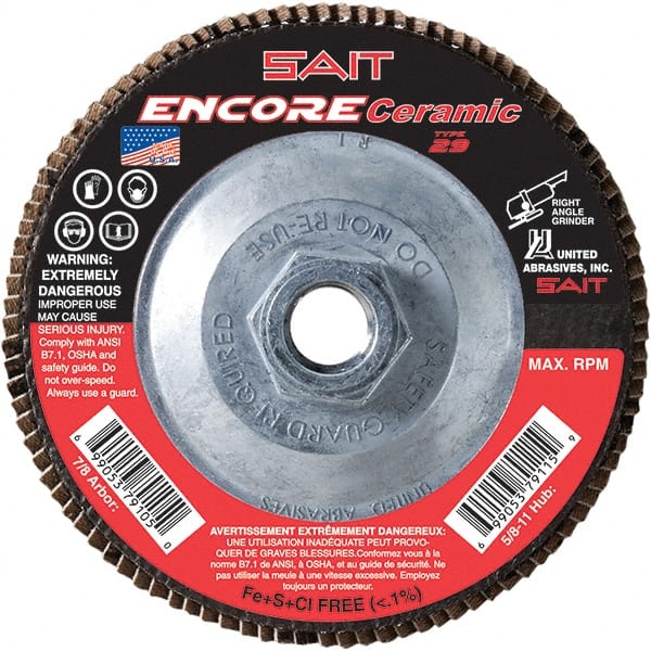 Sait - 60 Grit, 4-1/2" Disc Diam, 5/8-11 Center Hole, Type 29 Ceramic Flap Disc - 13,300 Max RPM, Plastic Backing, Arbor Attaching System, Coated - Exact Tooling