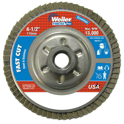‎4-1/2″ Vortec Pro Abrasive Flap Disc, Angled, Aluminum Backing, 80Z, 5/8″-11 UNC Nut - Exact Tooling