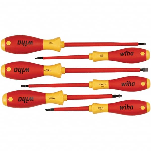 Wiha - 6 Piece Slotted, Phillips & Square Screwdriver Set - Bit Sizes: Philips #1 & #2, Comes in Vinyl Pouch - Exact Tooling