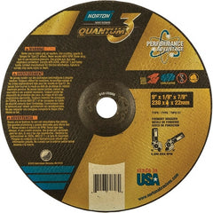 Norton - 24 Grit, 9" Wheel Diam, 1/8" Wheel Thickness, 7/8" Arbor Hole, Type 27 Depressed Center Wheel - Coarse Grade, Ceramic, Resinoid Bond, 6,600 Max RPM - Exact Tooling