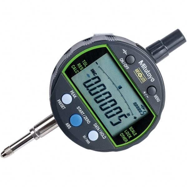 Mitutoyo - 0 to 1/2" Range, 0.00005, 0.0001 & 0.0005" Graduation, Electronic Drop Inidicator - Flat Back, 0.0001" Accuracy, LCD Display, Inch & Metric - Exact Tooling