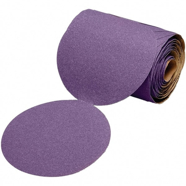3M - 5" Diam, 320 Grit Ceramic Adhesive PSA Disc - Extra Fine Grade, Purple, Polyester Backing, Flexible, 12,000 Max RPM, Use with Random Orbital Sanders - Exact Tooling