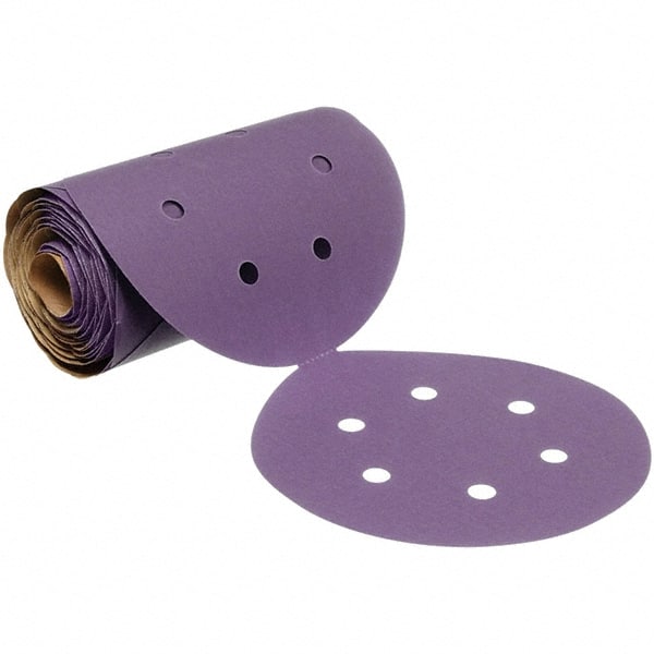 3M - 6" Diam, 320 Grit Ceramic Adhesive PSA Disc - Extra Fine Grade, Purple, Polyester Backing, Flexible, 12,000 Max RPM, Use with Random Orbital Sanders - Exact Tooling