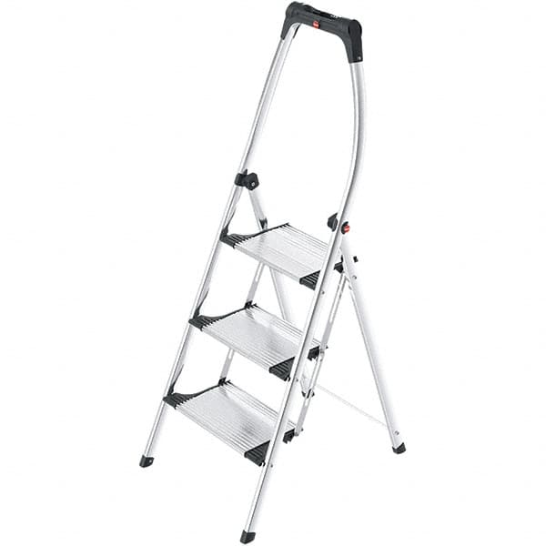 Hailo - 3 Steps, 4' 8" High, EN14183 Rating, Aluminum Step Ladder - 330 Lb Capacity, 21-17/64" Base Width - Exact Tooling