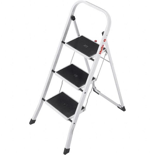 Hailo - 3 Steps, 3' 5" High, EN14183 Rating, Tubular Steel Step Ladder - 330 Lb Capacity, 18-1/2" Base Width - Exact Tooling