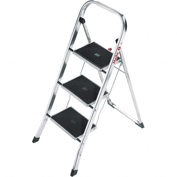 Hailo - 3 Steps, 3' 4" High, EN14183 Rating, Aluminum Step Ladder - 330 Lb Capacity, 18-1/2" Base Width - Exact Tooling