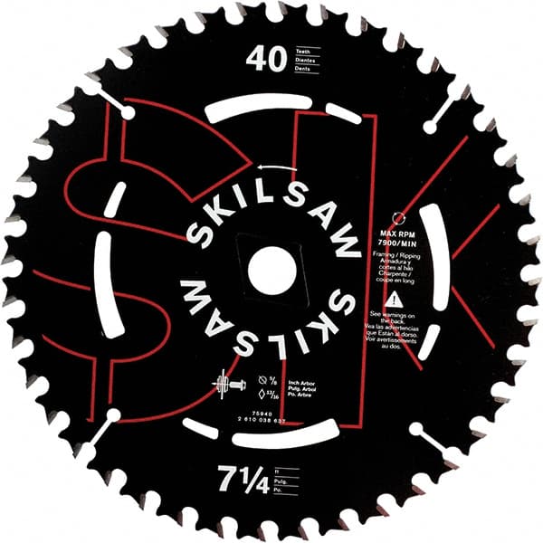 Skilsaw - 7-1/4" Diam, 5/8" Arbor Hole Diam, 40 Tooth Wet & Dry Cut Saw Blade - Carbide-Tipped, Cutoff Action, Diamond Arbor - Exact Tooling