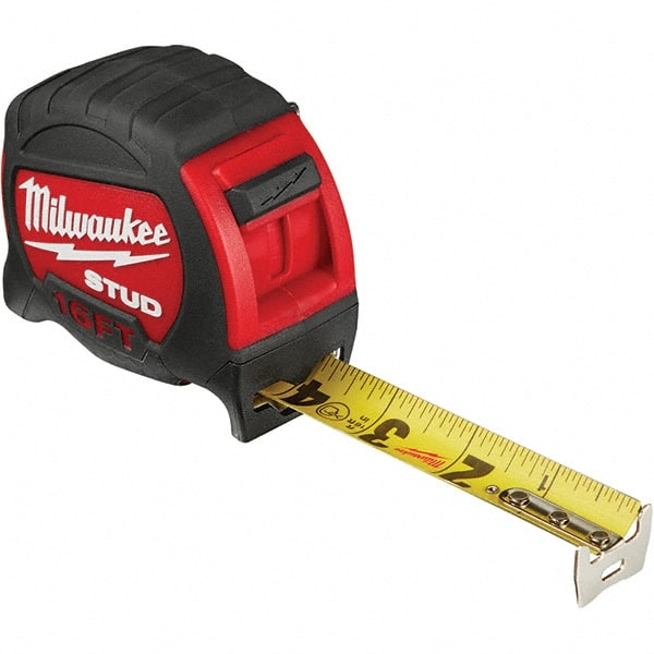 Milwaukee Tool - 16' x 1" Yellow Steel Blade Tape Measure - 1/16" & 1/10' Graduation, Inch Graduation Style, Red/Black Plastic Case - Exact Tooling