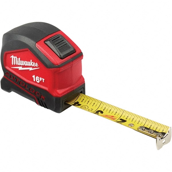 Milwaukee Tool - 16' x 1" Yellow Steel Blade Tape Measure - 1/16" & 1/10' Graduation, Inch Graduation Style, Red/Black Plastic Case - Exact Tooling