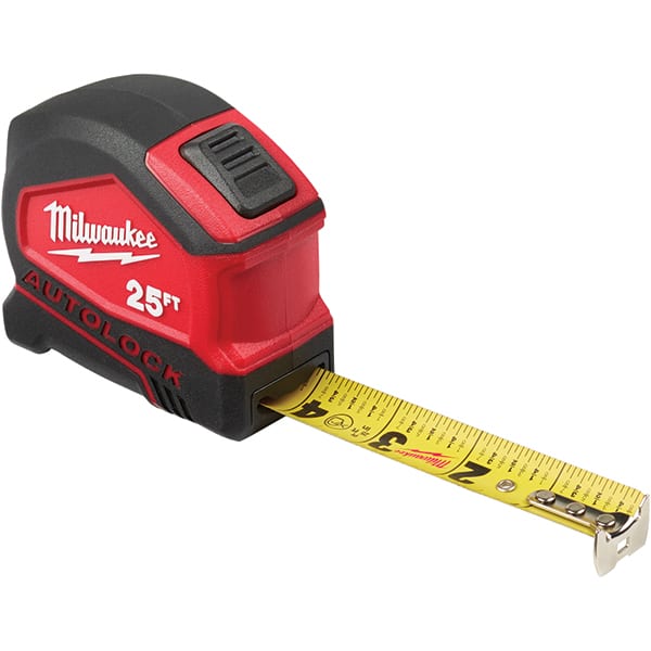 Milwaukee Tool - 25' x 1" Yellow Steel Blade Tape Measure - 1/16" & 1/10' Graduation, Inch Graduation Style, Red/Black Plastic Case - Exact Tooling