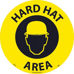 NMC - Hard Hat Area, Anti-Skid Pressure-Sensitive Vinyl Floor Sign - Round, Black on Yellow, Adhesive Backed, For Restroom, Janitorial & Housekeeping - Exact Tooling