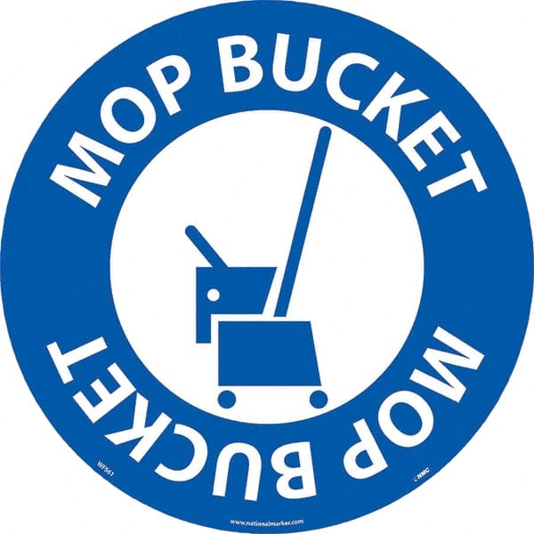 NMC - Mop Bucket, Anti-Skid Pressure-Sensitive Vinyl Floor Sign - Round, White on Blue, Adhesive Backed, For Restroom, Janitorial & Housekeeping - Exact Tooling