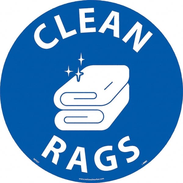 NMC - Clean Rags, Anti-Skid Pressure-Sensitive Vinyl Floor Sign - Round, White on Blue, Adhesive Backed, For Restroom, Janitorial & Housekeeping - Exact Tooling
