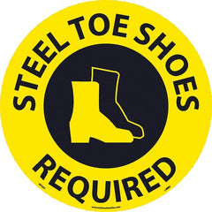NMC - Steel Toe Shoes Required, Anti-Skid Pressure-Sensitive Vinyl Floor Sign - Round, Black on Yellow, Adhesive Backed, For Restroom, Janitorial & Housekeeping - Exact Tooling