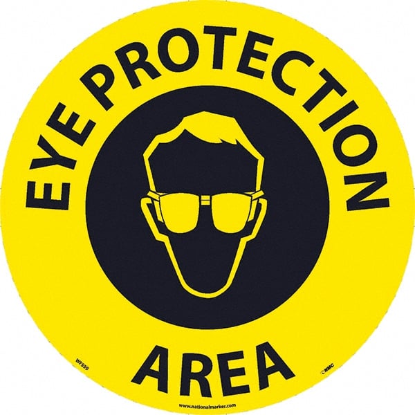 NMC - Eye Protection Area, Anti-Skid Pressure-Sensitive Vinyl Floor Sign - Round, Black on Yellow, Adhesive Backed, For Restroom, Janitorial & Housekeeping - Exact Tooling