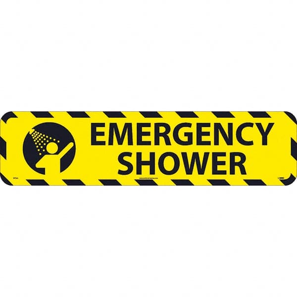 NMC - Emergency Shower, Anti-Skid Pressure-Sensitive Vinyl Floor Sign - Rectangle, Black on Yellow, Adhesive Backed, For Restroom, Janitorial & Housekeeping - Exact Tooling