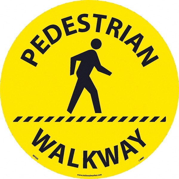 NMC - Pedestrian Walkway, Anti-Skid Pressure-Sensitive Vinyl Floor Sign - Round, Black on Yellow, Adhesive Backed, For Restroom, Janitorial & Housekeeping - Exact Tooling