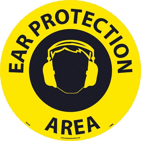 NMC - Ear Protection Area, Anti-Skid Pressure-Sensitive Vinyl Floor Sign - Round, Black on Yellow, Adhesive Backed, For Restroom, Janitorial & Housekeeping - Exact Tooling