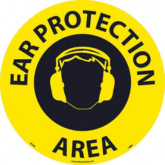 NMC - Ear Protection Area, Anti-Skid Pressure-Sensitive Vinyl Floor Sign - Round, Black on Yellow, Adhesive Backed, For Restroom, Janitorial & Housekeeping - Exact Tooling