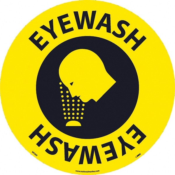 NMC - Eyewash, Anti-Skid Pressure-Sensitive Vinyl Floor Sign - Round, Black on Yellow, Adhesive Backed, For Restroom, Janitorial & Housekeeping - Exact Tooling